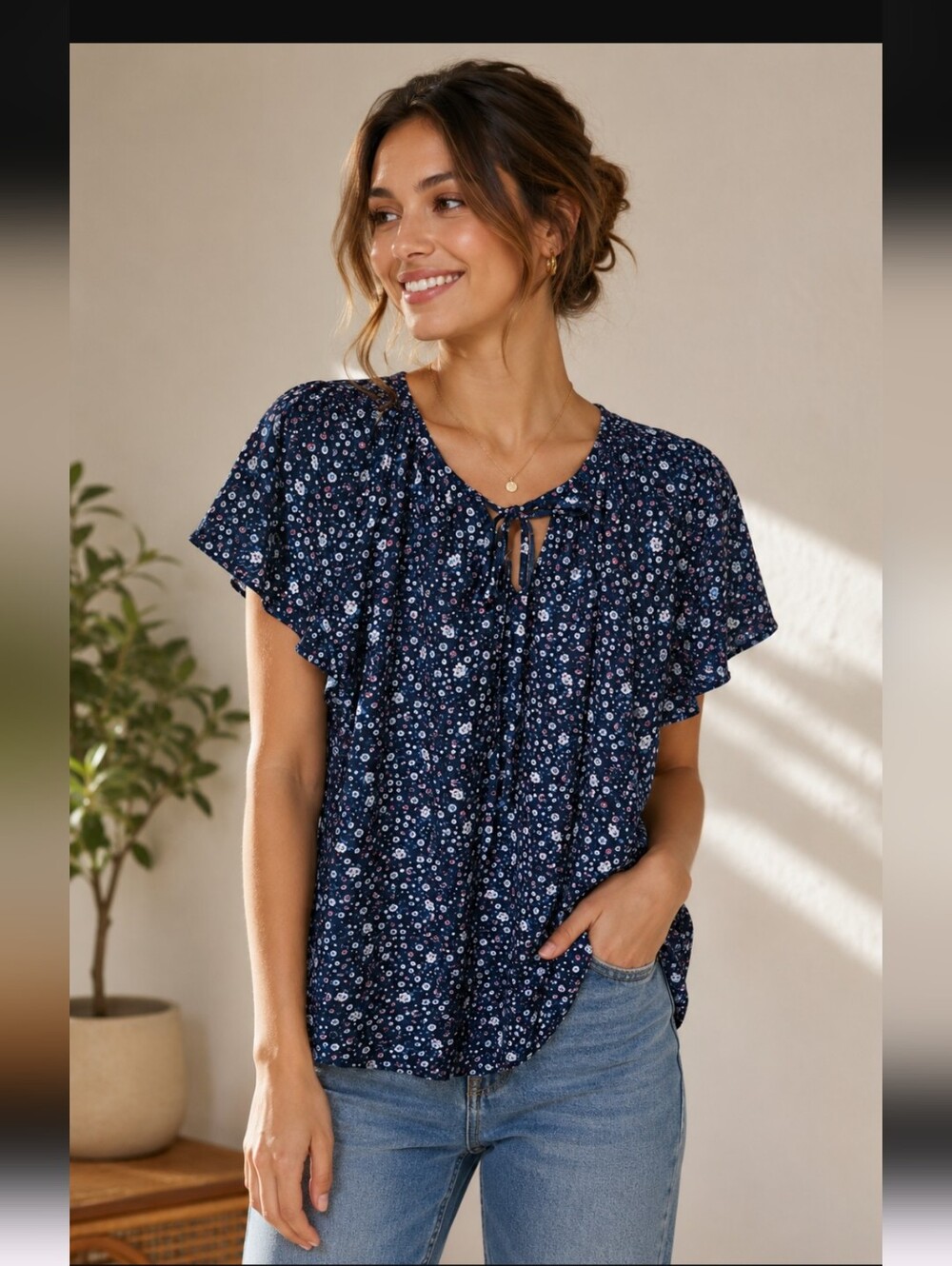Women's Navy Floral Tie-Neck Blouse
